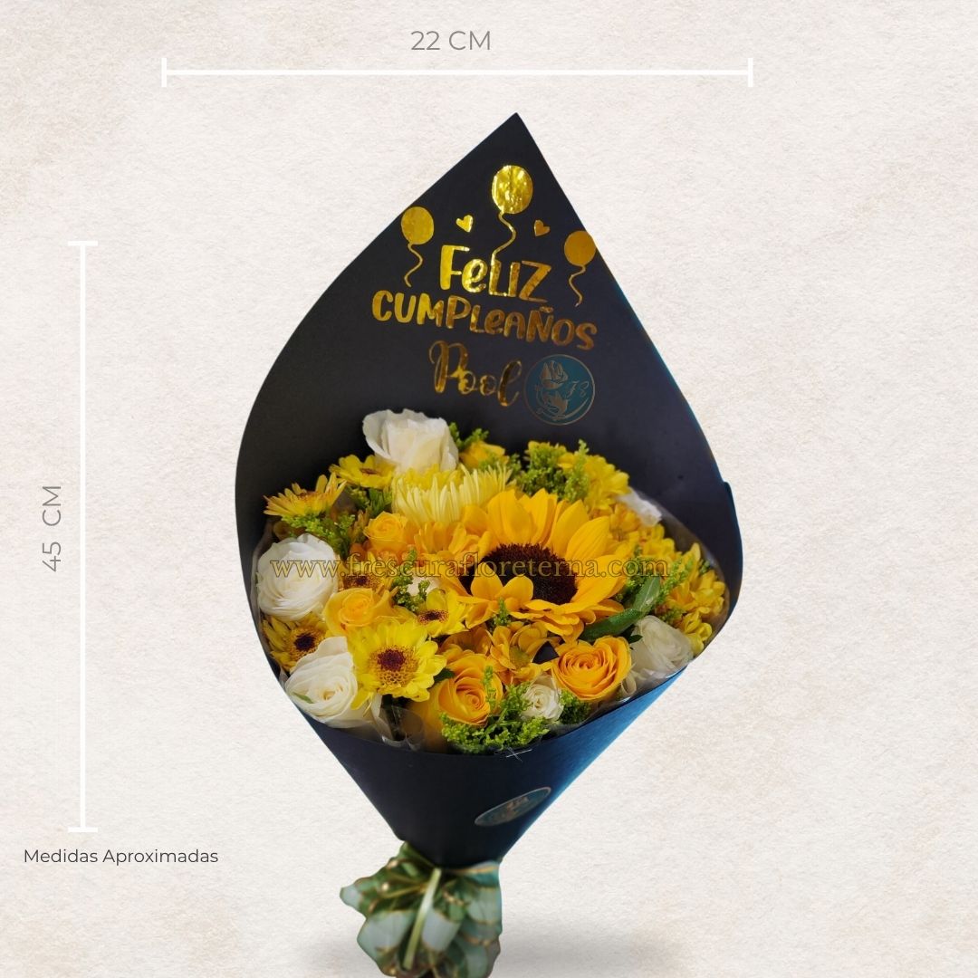 Cono Floral de 18 Rosas y 1 Girasol