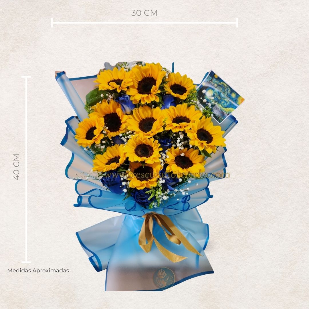 Bouquet Van Gogh – Girasoles & Rosas Azules