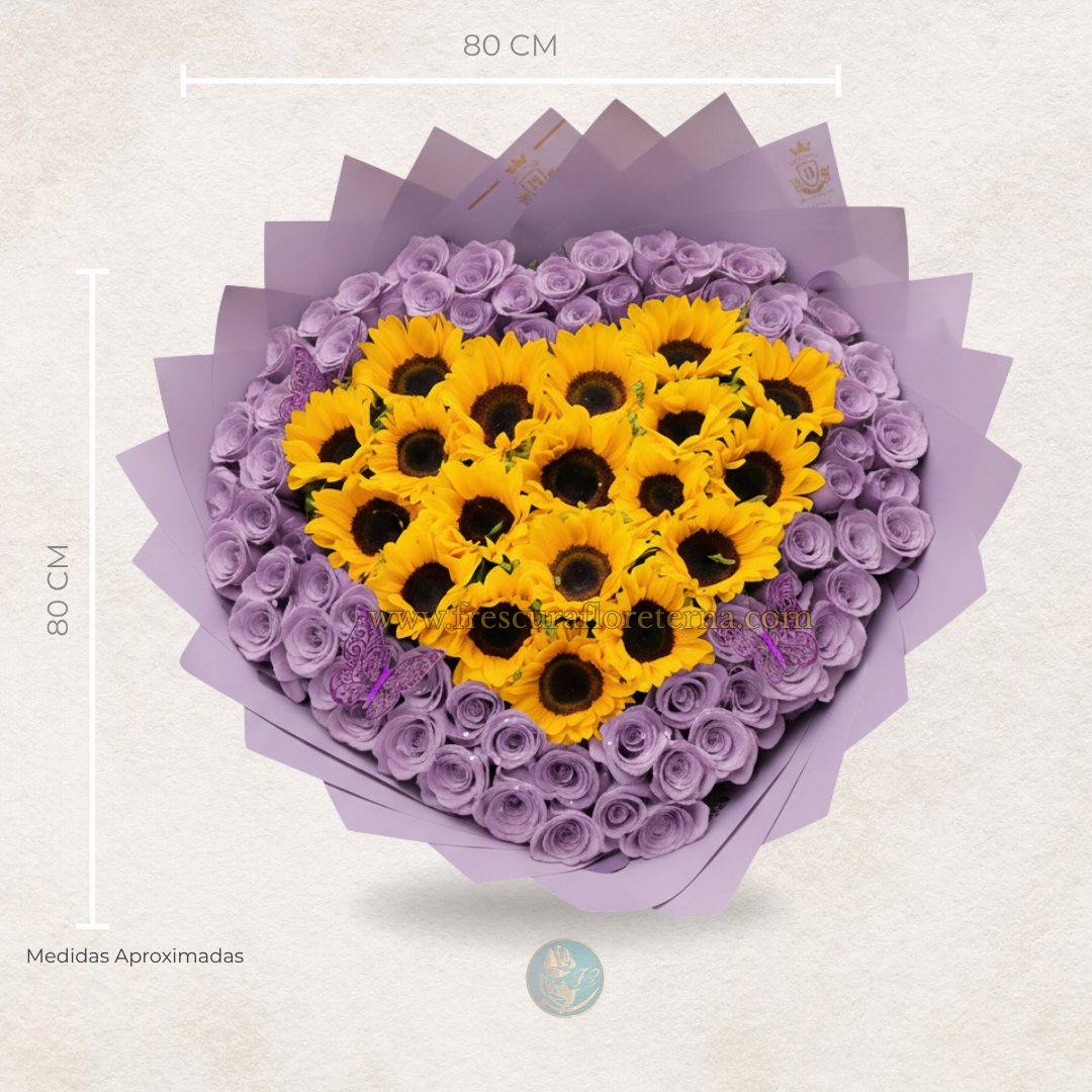 buchon de rosas lilas y girasoles