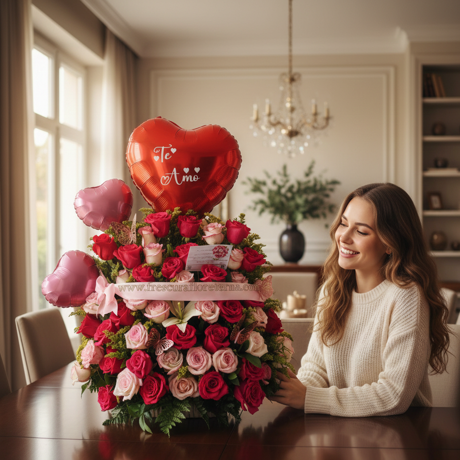 caja de rosas cinta y globos metalicos