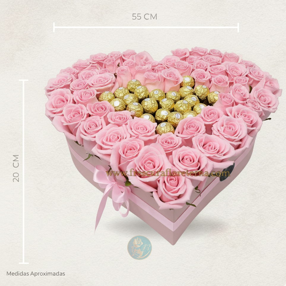 corazon de rosas rosadas y chocolate