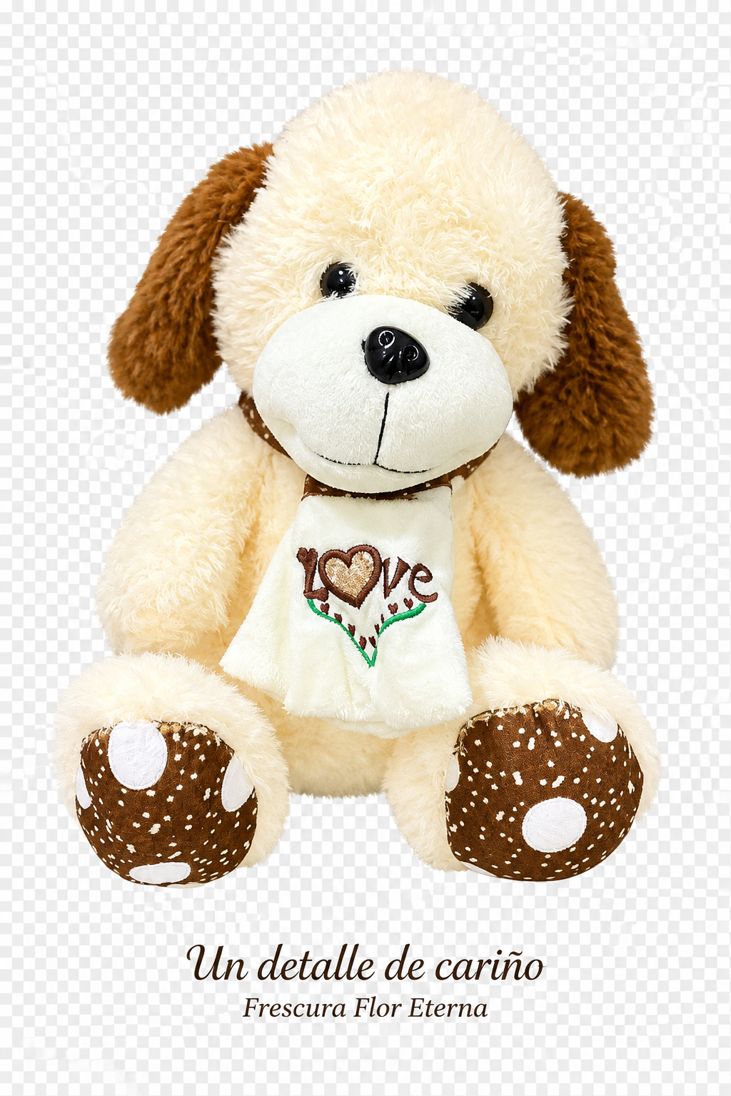 Perrito de peluche color crema con orejas marrones y bordado Love, con el texto Un detalle de cariño y Frescura Flor Eterna.
