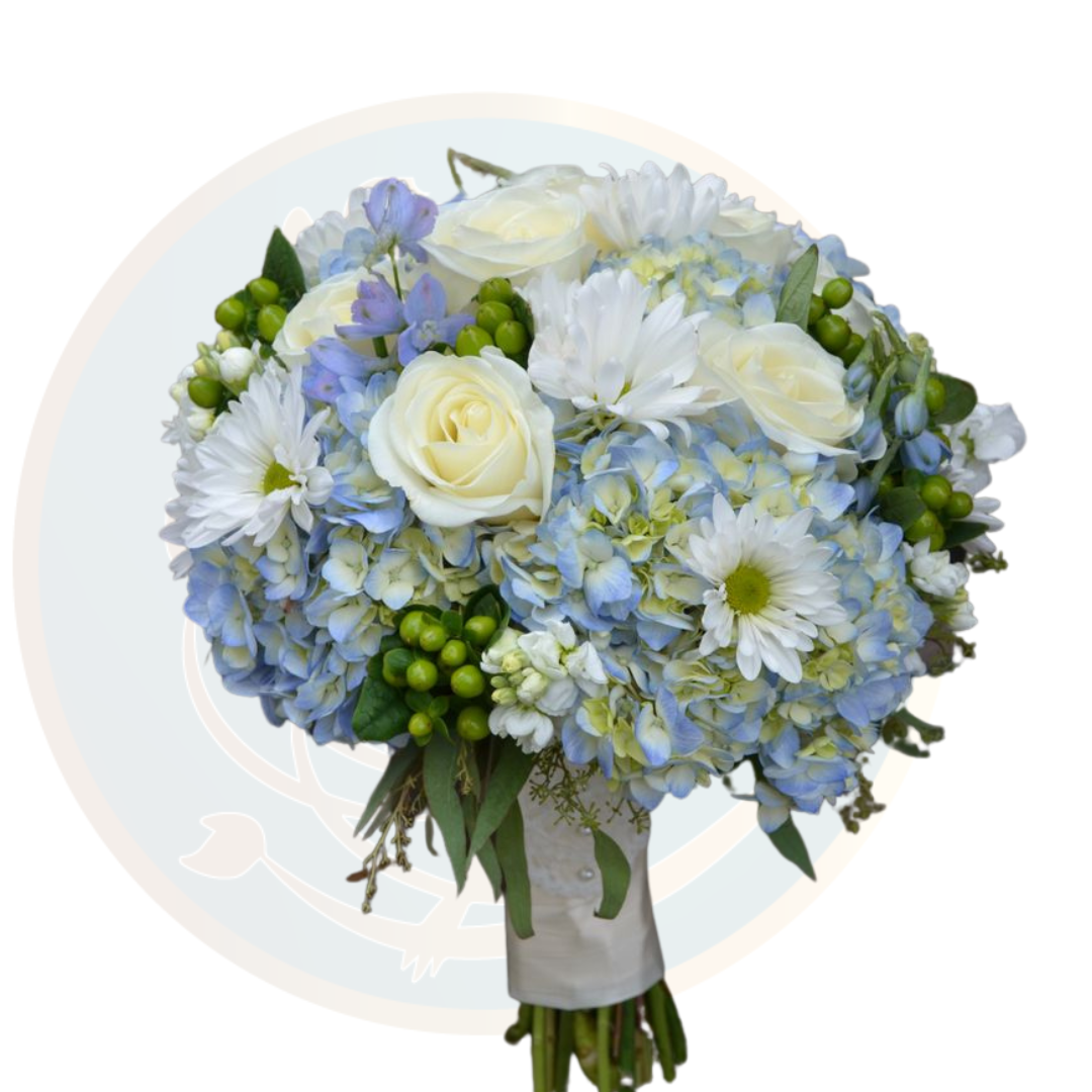 ramo de novia con hortencia azul y rosas