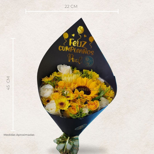 Cono Floral de 18 Rosas y 1 Girasol