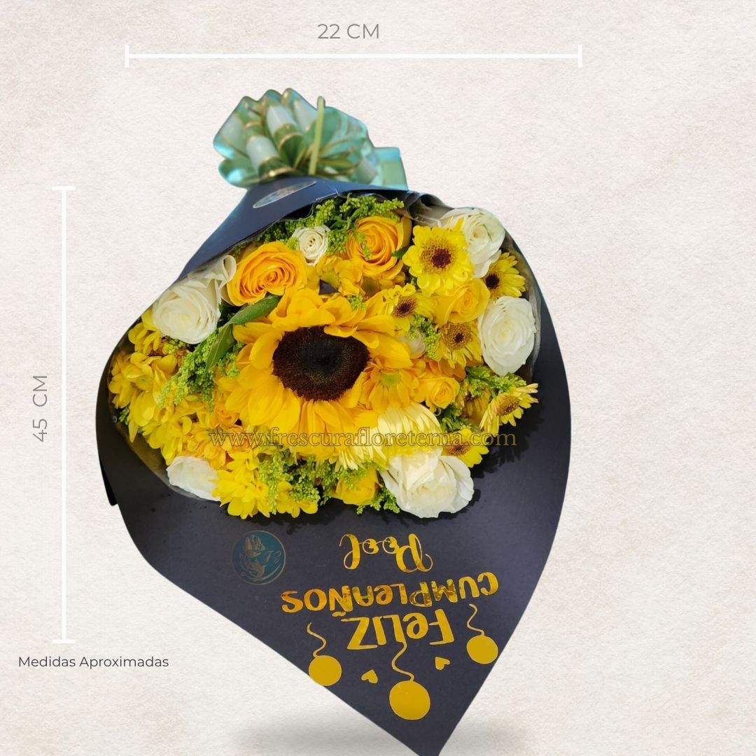 Cono Floral de 18 Rosas y 1 Girasol