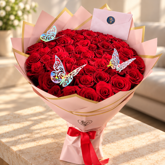 Ramo Buchón Premium de 50 rosas frescas