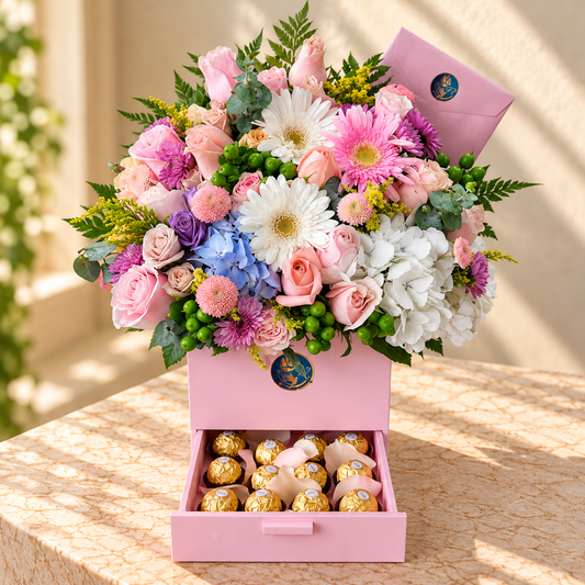 Caja Floral Elegante con Chocolates Ferrero