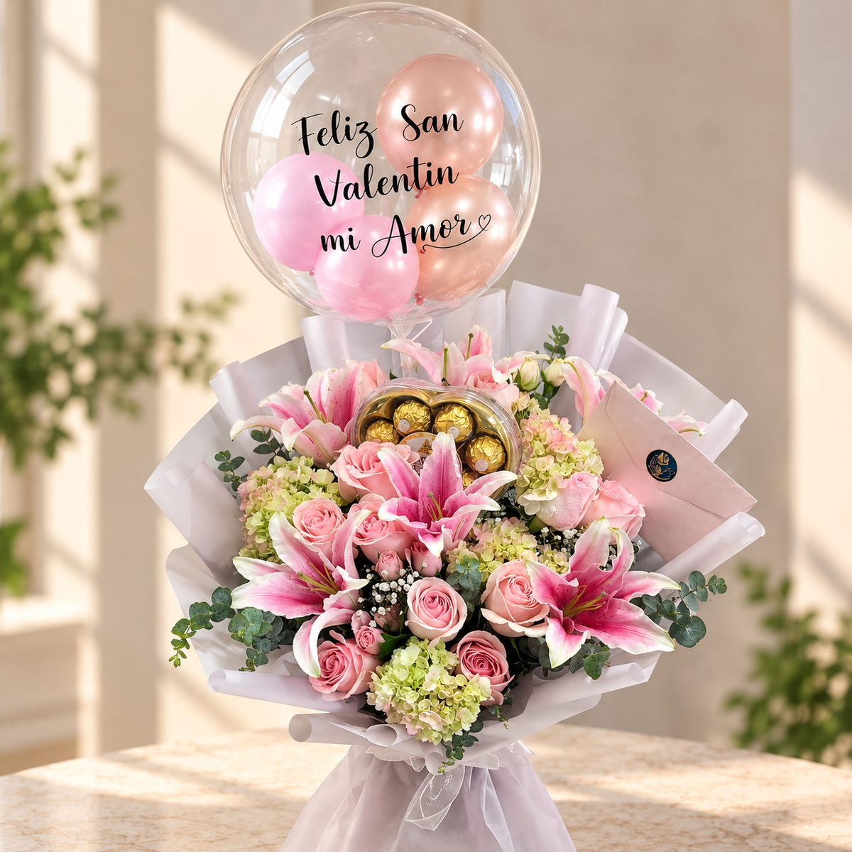 Bouquet luxury de lirios y rosas frescas