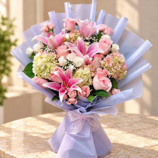 Bouquet luxury de lirios y rosas frescas