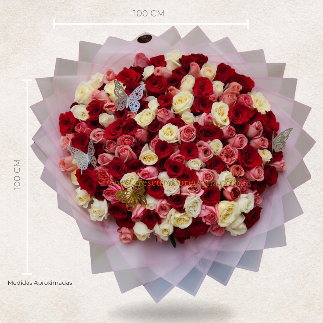 buchon de 200 rosas rojas rosadas y blancas