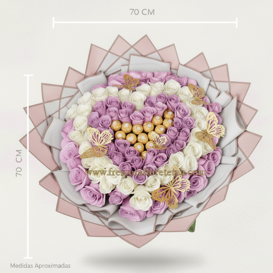 buchon de rosas blancas lilas y chocolate