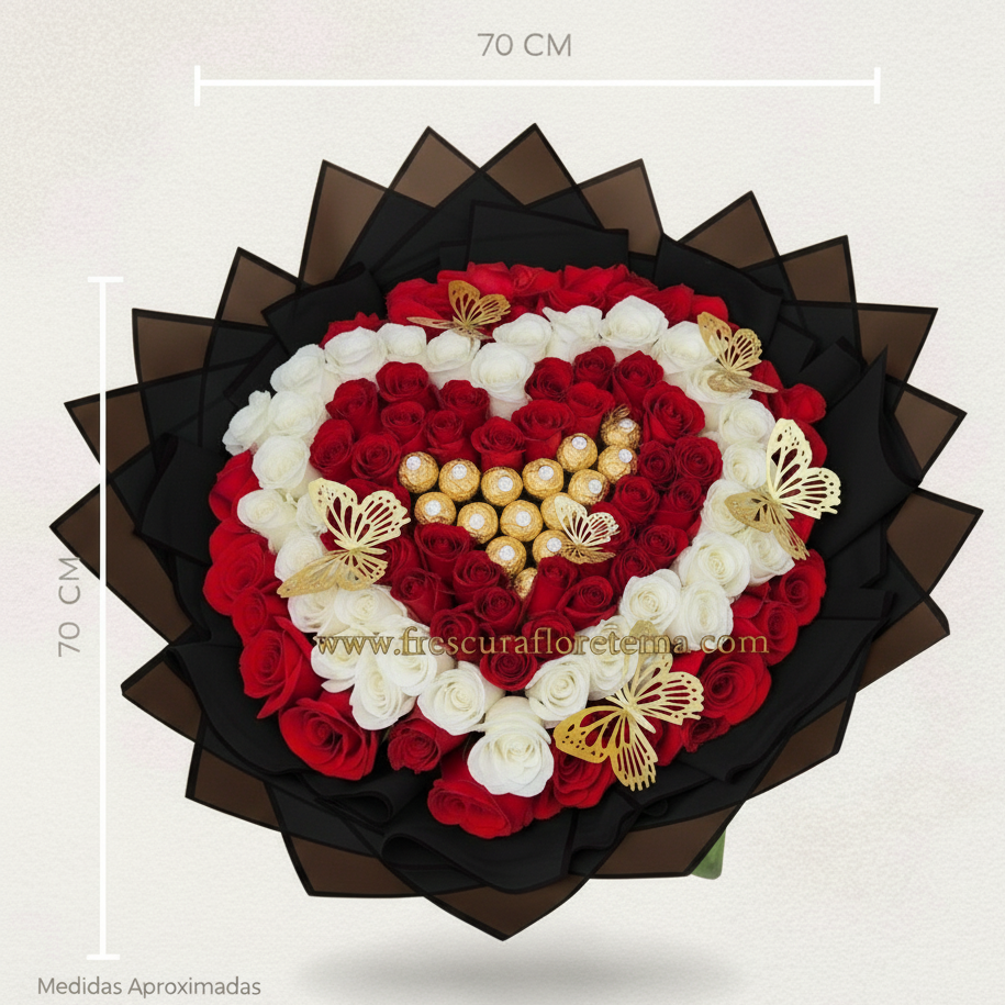 buchon de rosas blancas rojas y chocolate mariposas
