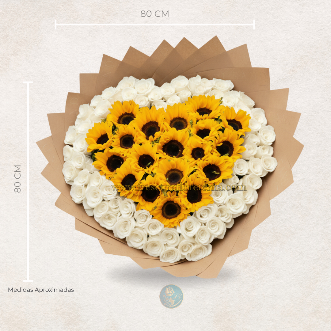 buchon de rosas blancas y girasoles