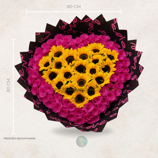 buchon de rosas fucsias girasoles