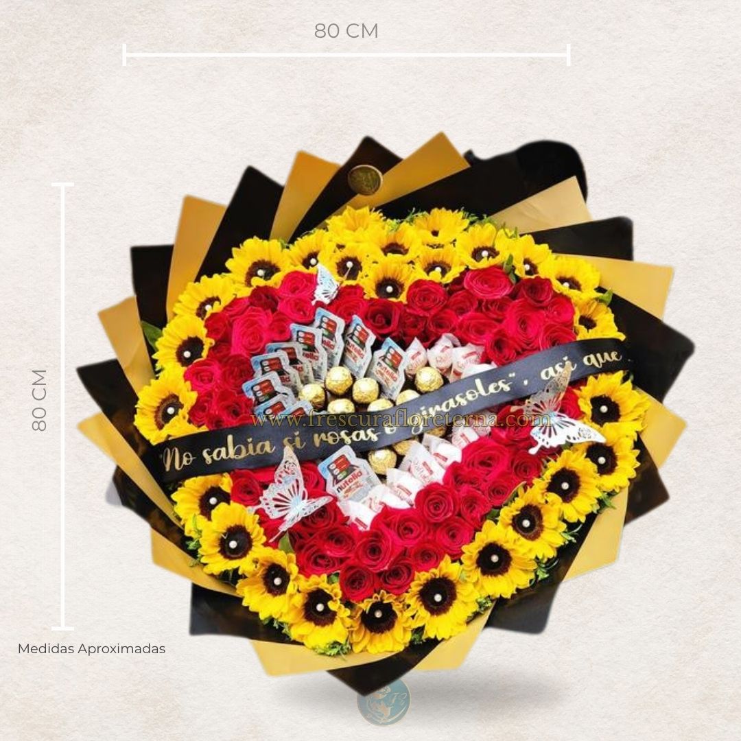 buchon de rosas rojas girasoles cinta y chocolate