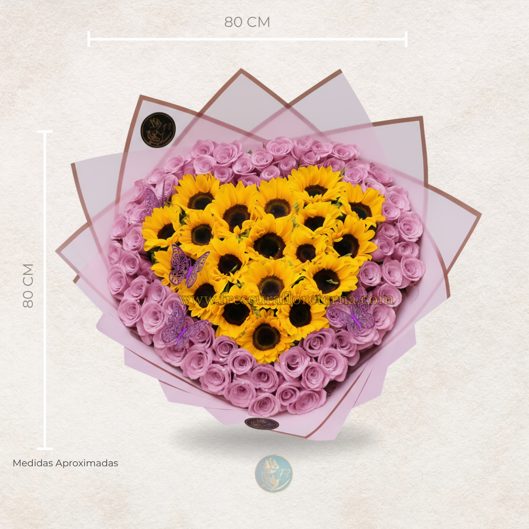 buchon de rosas rosadas y girasoles