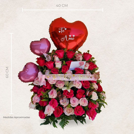 caja de rosas cinta y globos