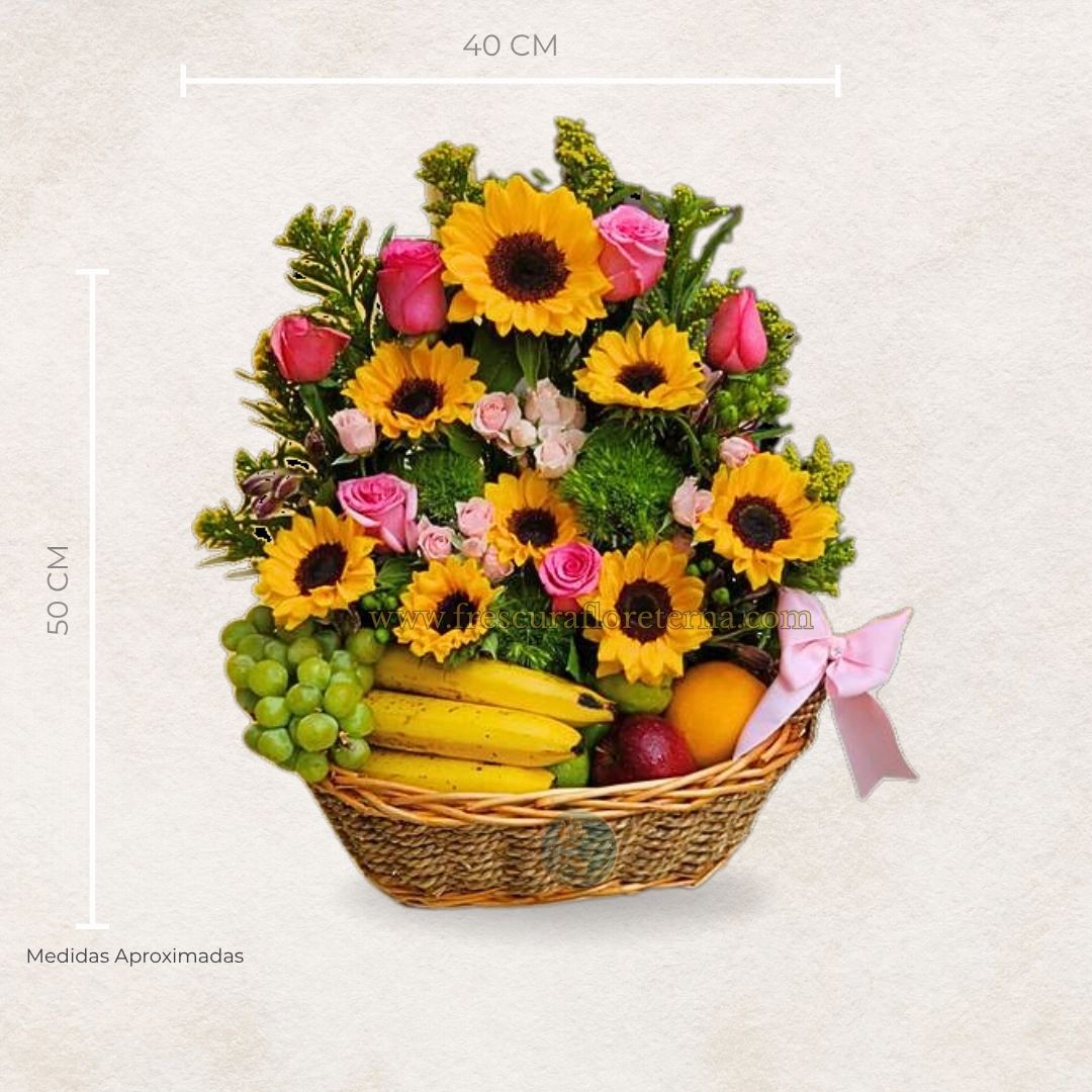 canasta de frutas y girasoles