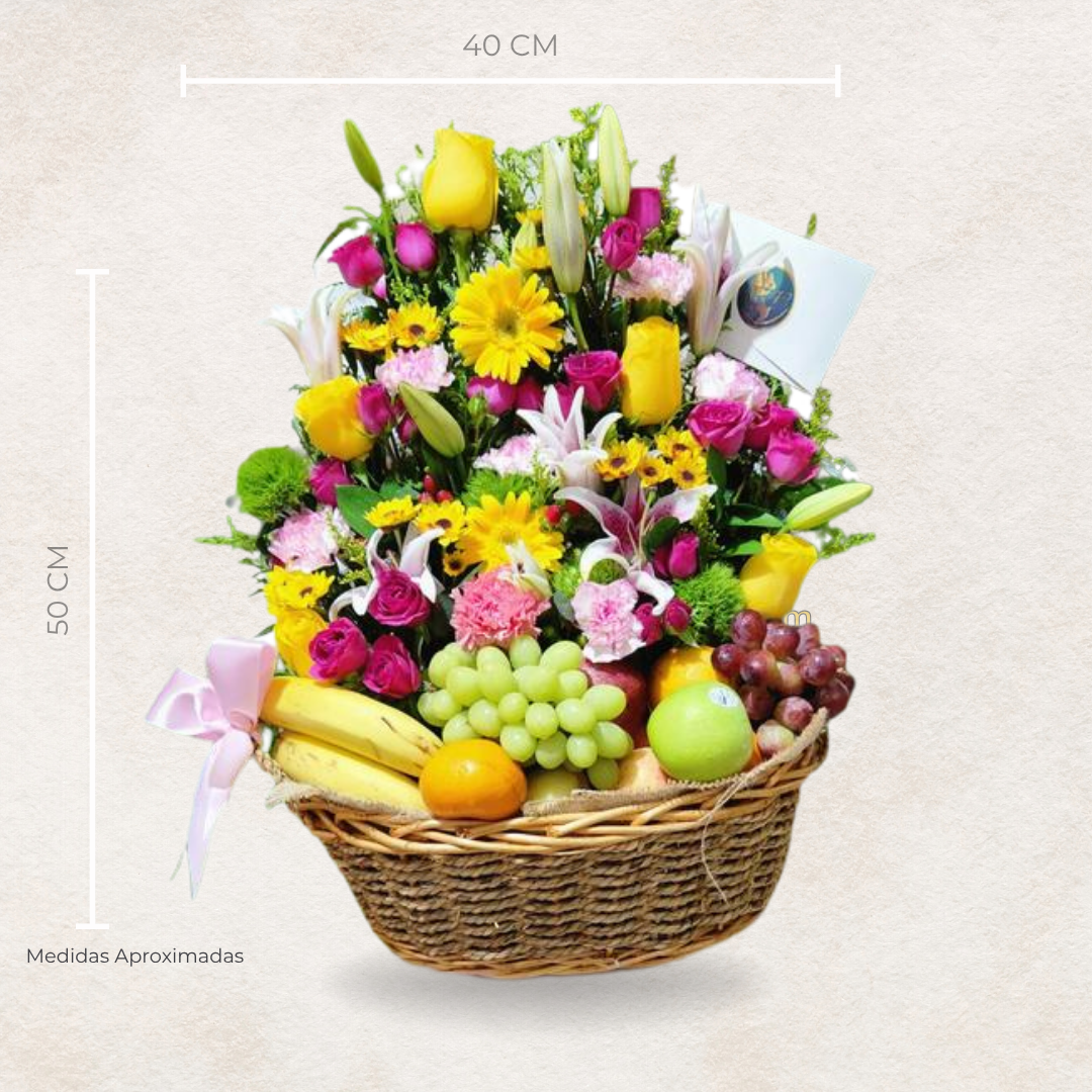 canasta de frutas y rosas y lirios