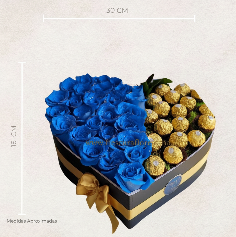 corazon de 30 rosas azules y chocolate