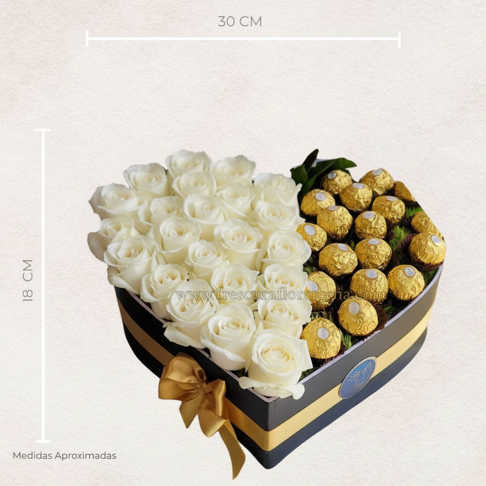 corazon de 30 rosas blancas y chocolate