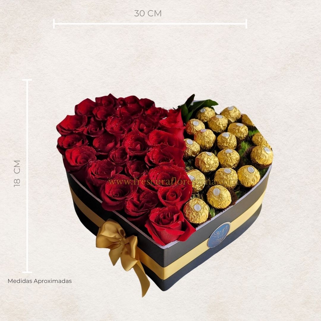 corazon de 30 rosas rojas y chocolate