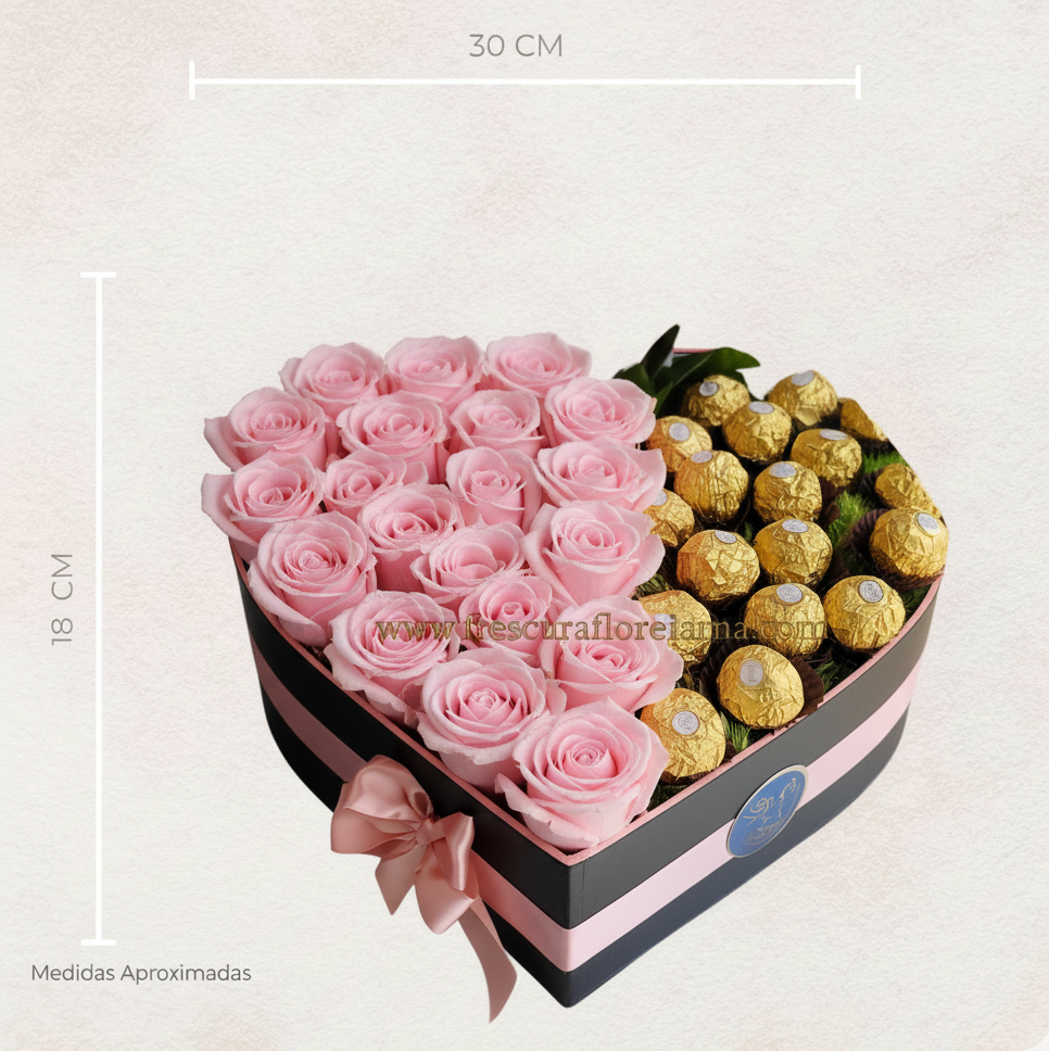 corazon de 30 rosas rosadas y chocolate