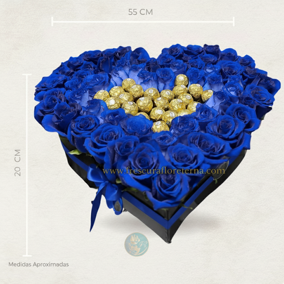 corazon de rosas azules y chocolate