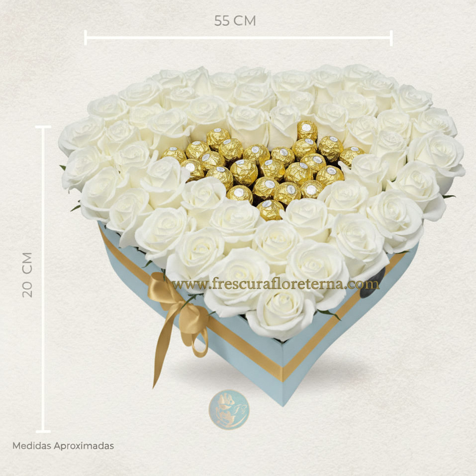 corazon de rosas blancas y chocolate
