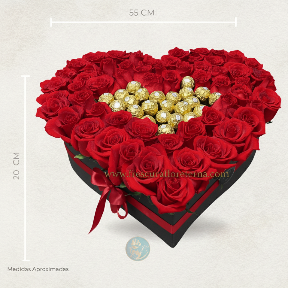 corazon de rosas rojas y chocolate