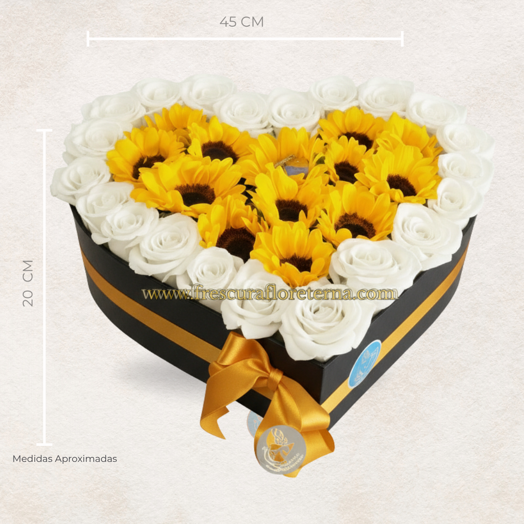 corazon grande de rosas blancas y girasoles