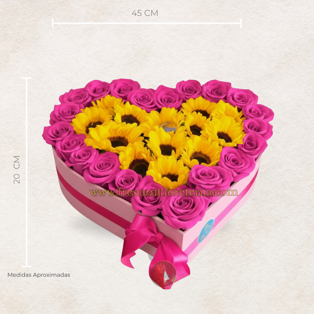 corazon grande de rosas fucsias y girasoles