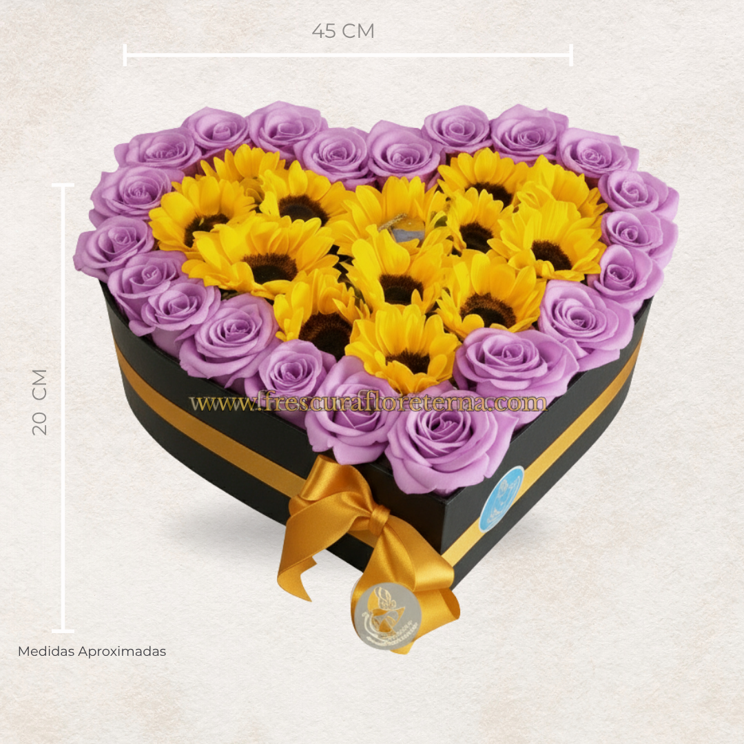 corazon grande de rosas lilas y girasoles