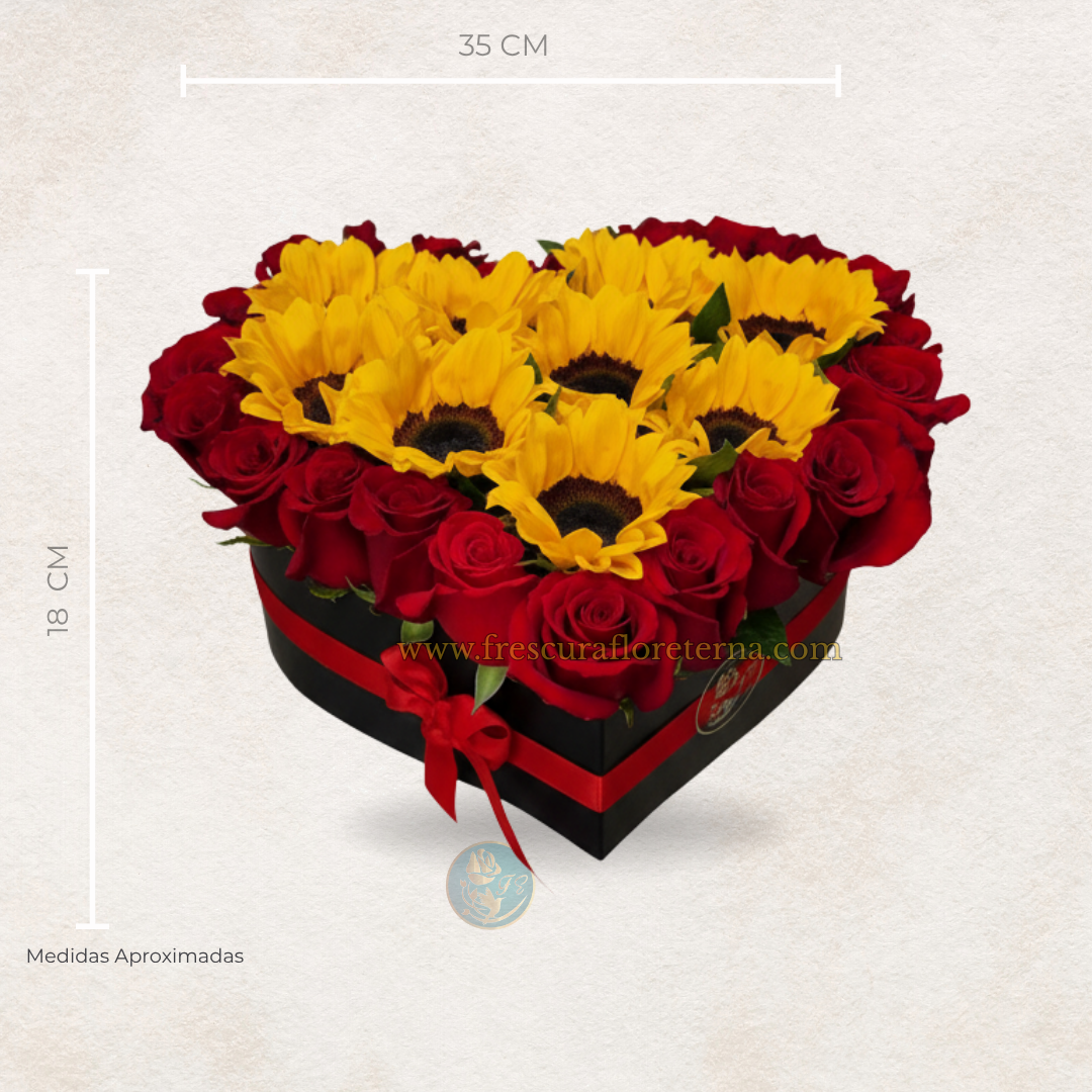 corazon mediano de rosas rojas y girasoles