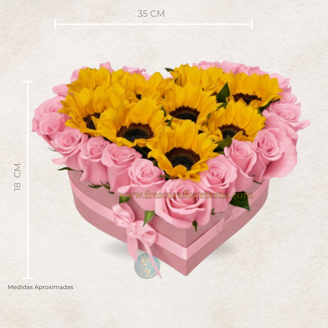 corazon mediano de rosas rosada y girasoles