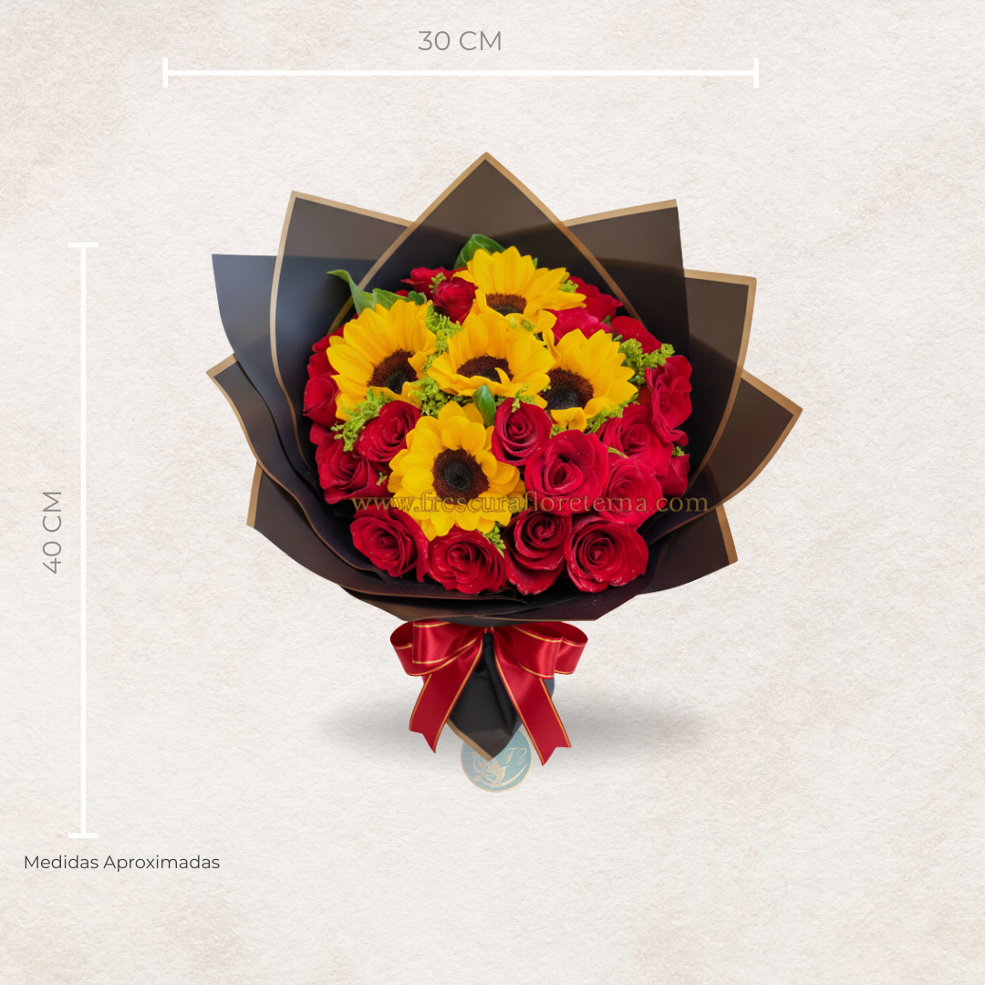 ramillete de girasol y rosas rojo