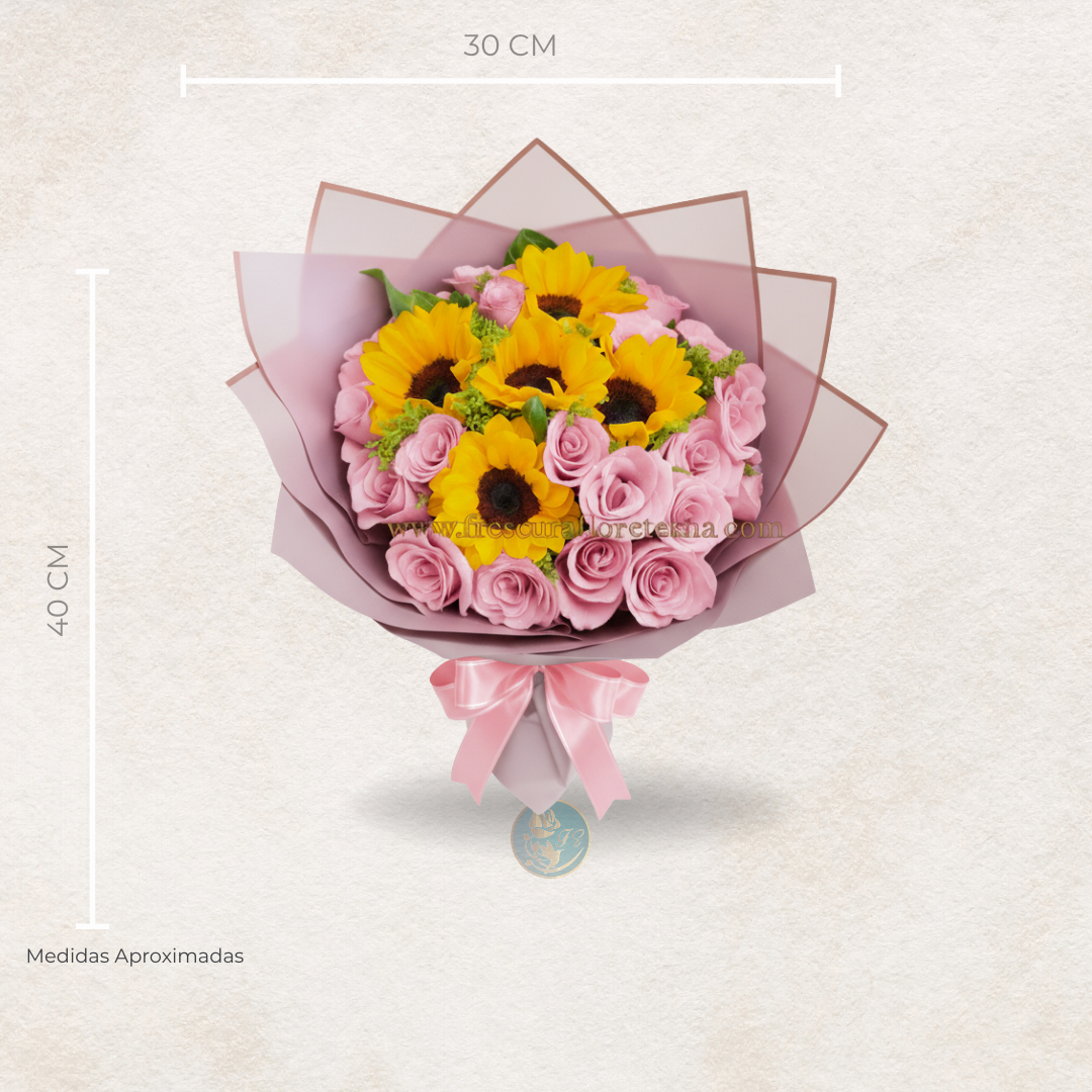 ramillete de girasol y rosas rosadas