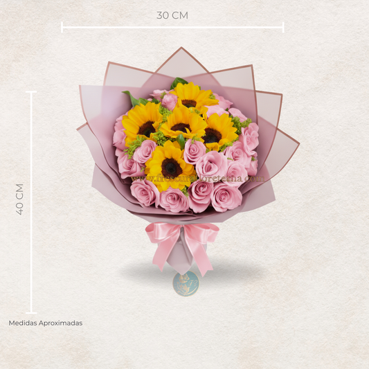 ramillete de girasol y rosas rosadas